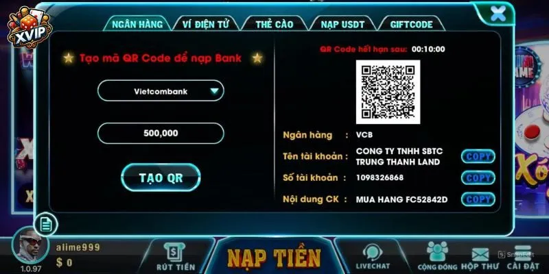 Nạp tiền nhà cái XVIP cực đơn giản, nhanh chóng